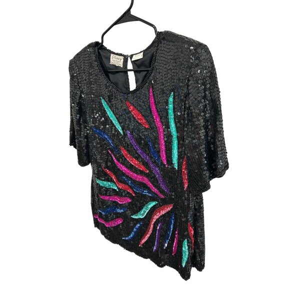 Vintage Stenay Black Sequin Beaded Top with Colorful Embellishments - Picture 2 of 10